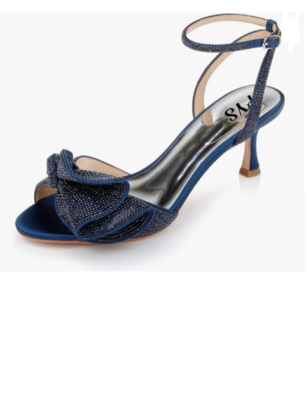 FYS Navy Cute Rhinestones Bow Peep Toe Mid Heel Ankle Strap Sandals Satin Shoes